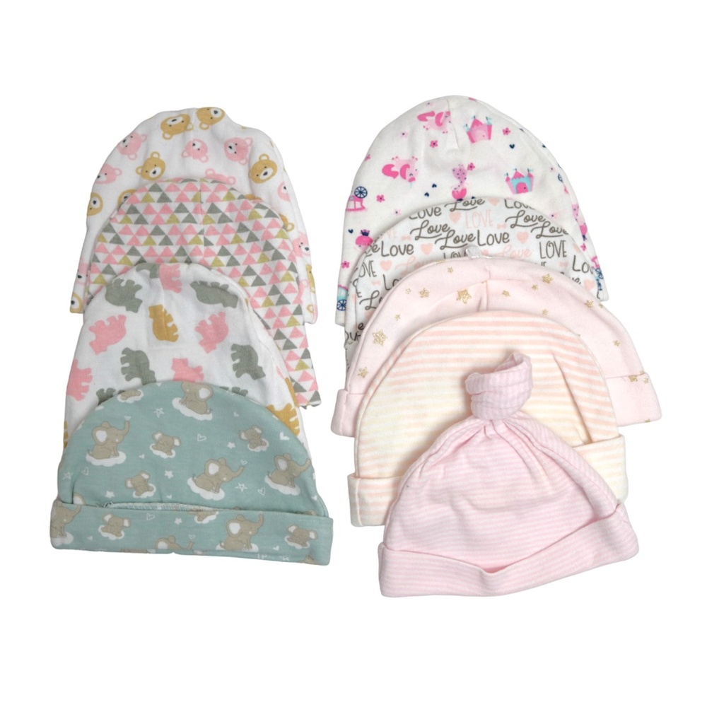 9 Piece Baby Girl Infant Beanie Caps Bundle Lot Set Size 0-6M